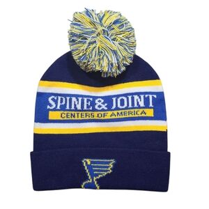 STL Blues Hockey Pom Beanie, Spine & Joint Centers | Blue & Yellow Knit Hat